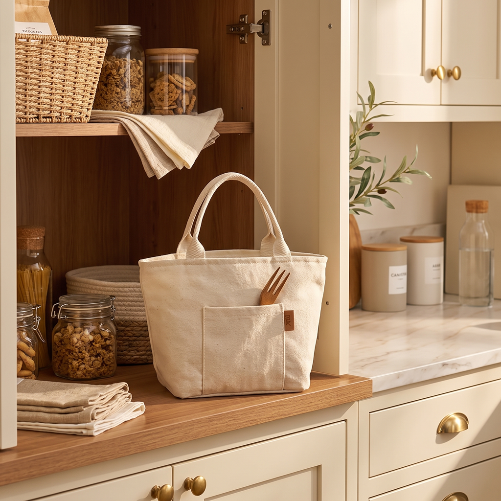Structured beige canvas insulated lunch tote standing upright on a styled pantry shelf with jars and baskets