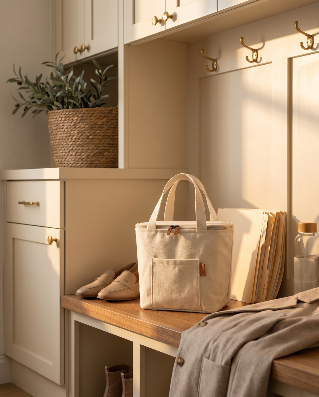 Beige canvas lunch tote on a warm wood mudroom bench with brass hooks at golden hour