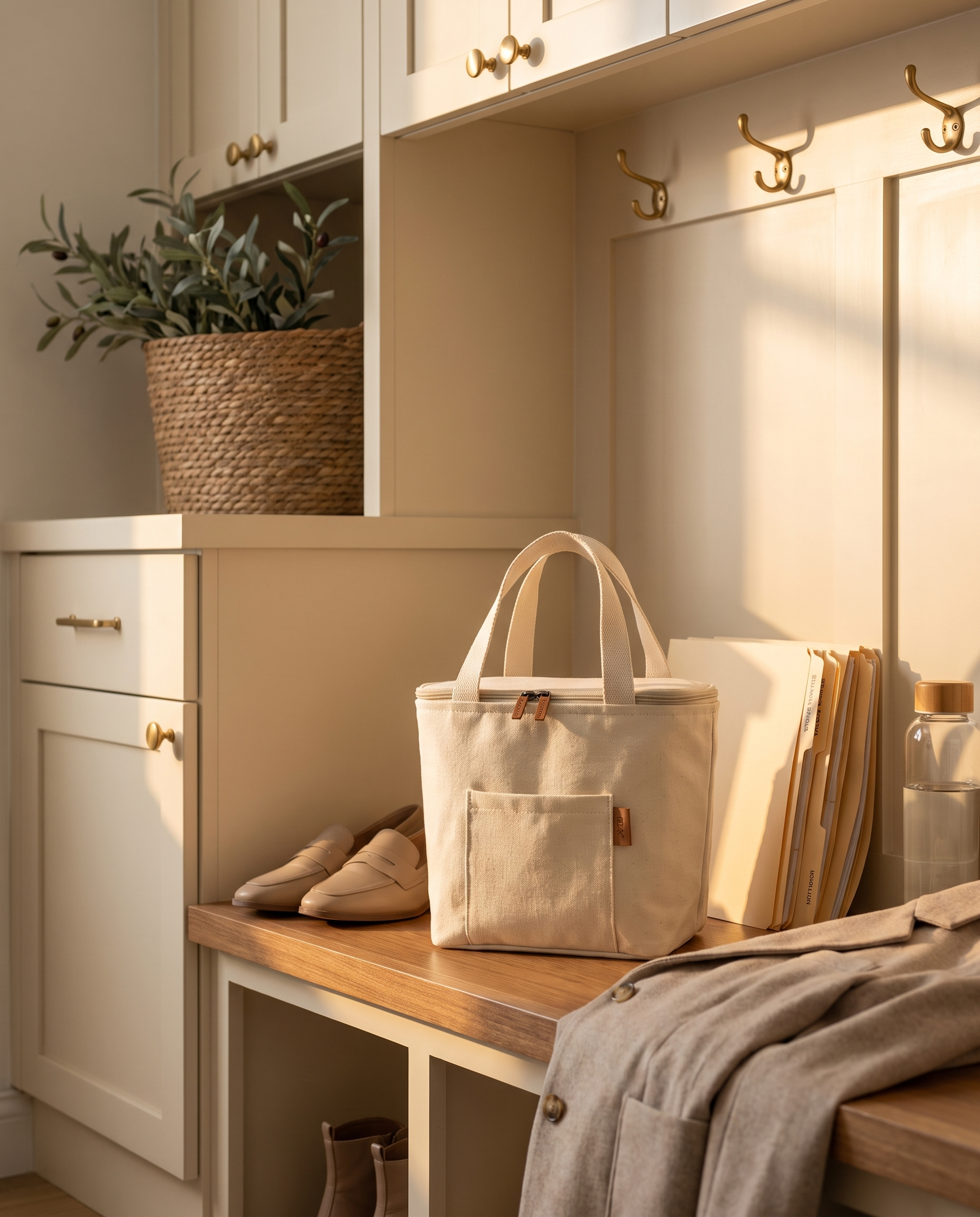 Beige canvas lunch tote on a warm wood mudroom bench with brass hooks at golden hour