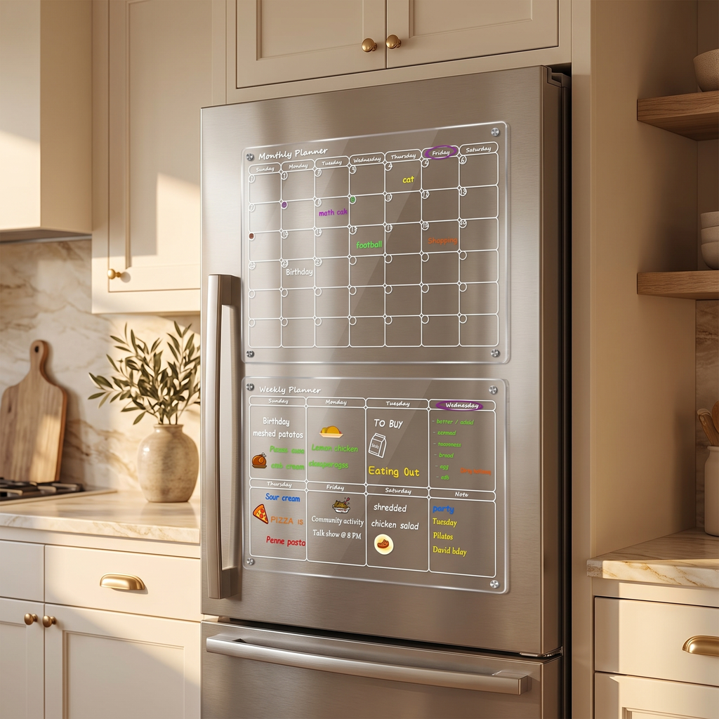 Clear acrylic dry-erase weekly planner mounted on a stainless steel refrigerator in a warm cream kitchen