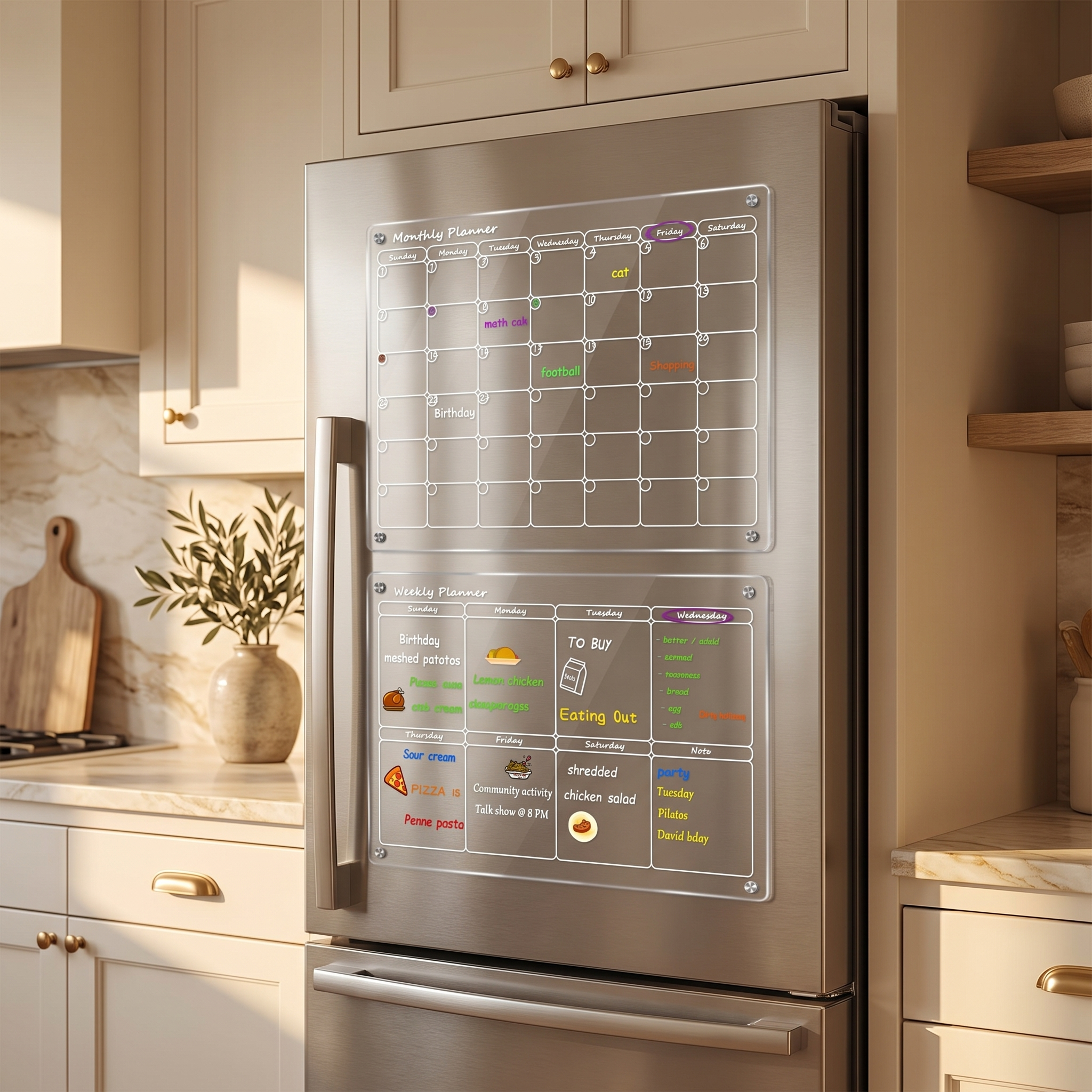Clear acrylic dry-erase weekly planner mounted on a stainless steel refrigerator in a warm cream kitchen