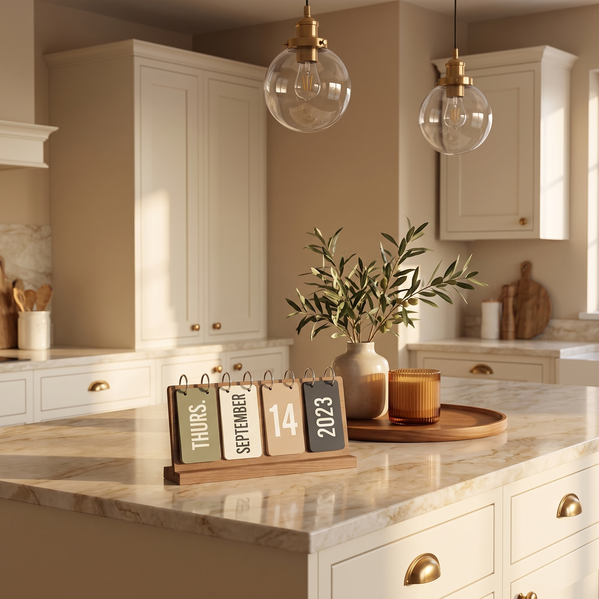 Perpetual flip calendar in muted Morandi tones on a wooden stand on a marble kitchen island