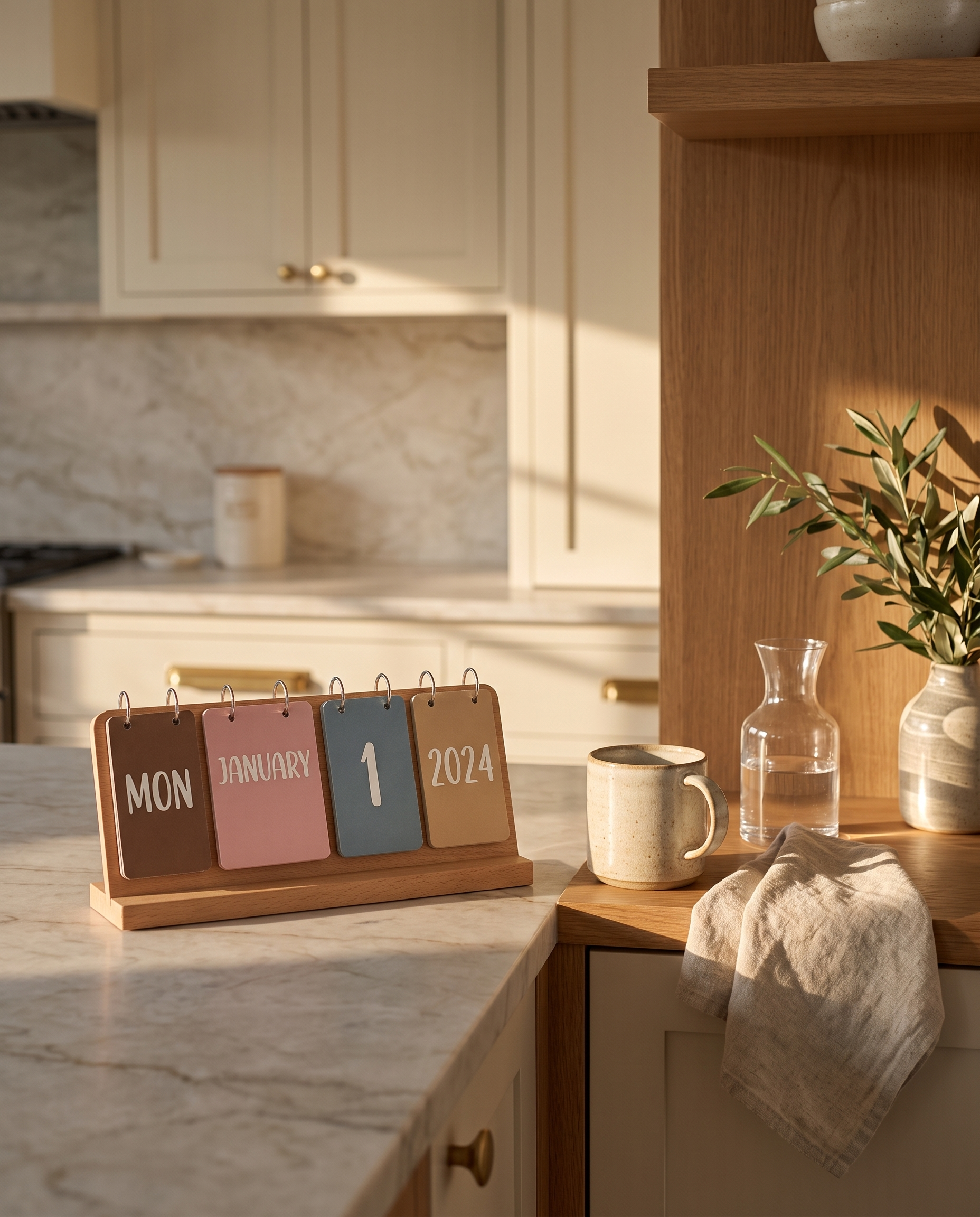 Flip calendar styled on a breakfast station counter with coffee and olive greenery
