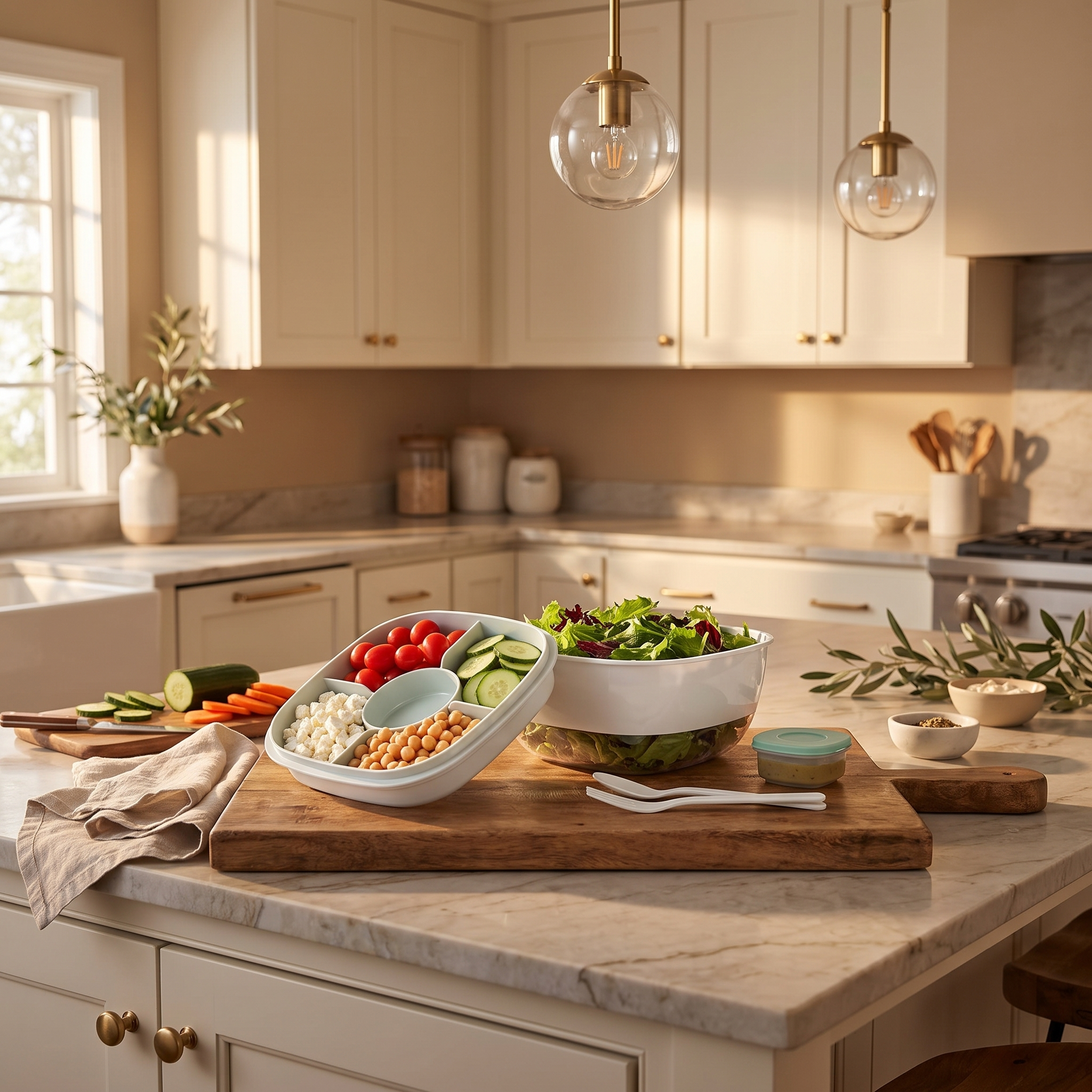 White 50oz salad-to-go bowl with compartment tray, sauce cup, and utensils in a salad prep scene on a kitchen island