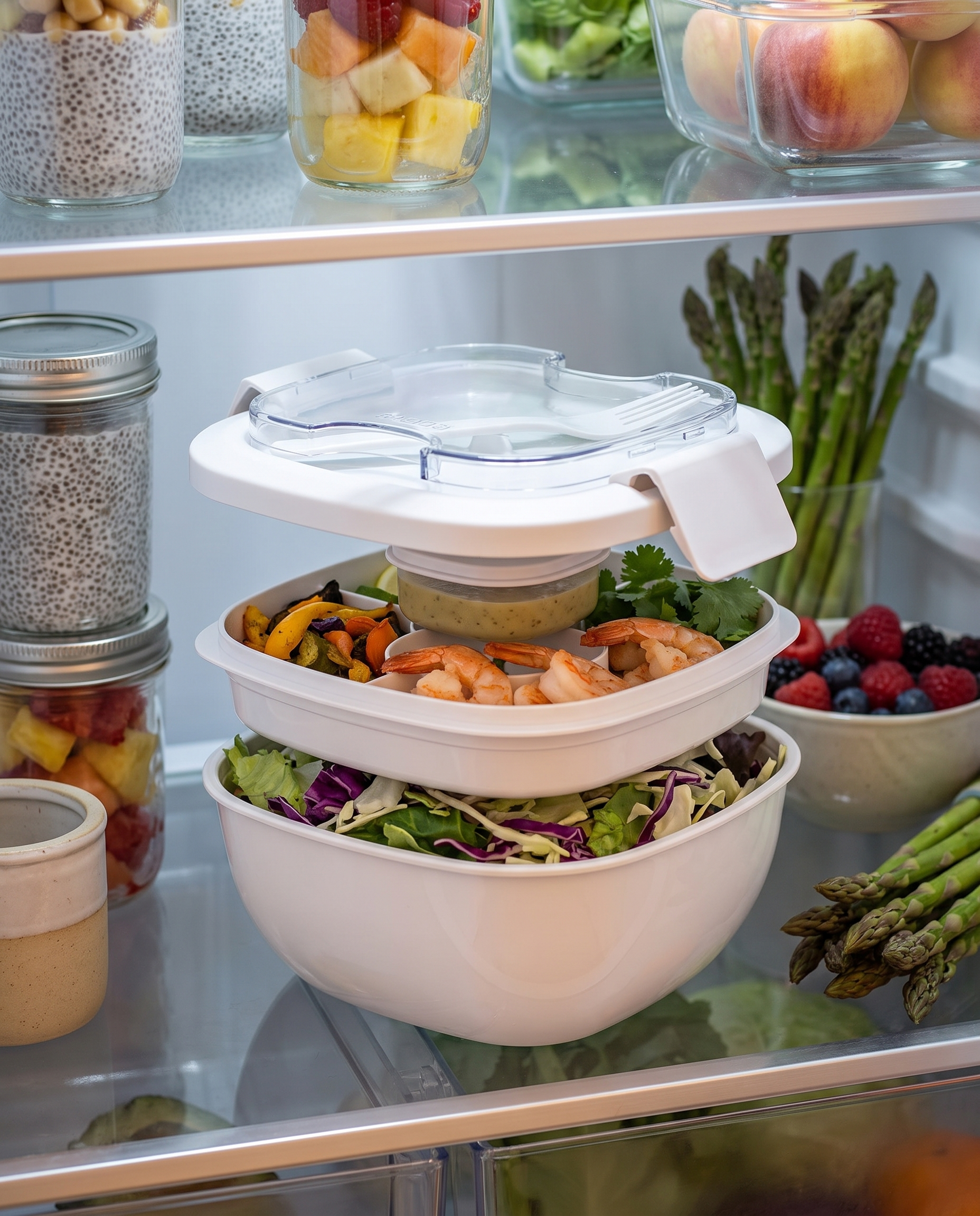 Assembled salad-to-go bowl on a clean refrigerator shelf beside glass jars and fresh produce
