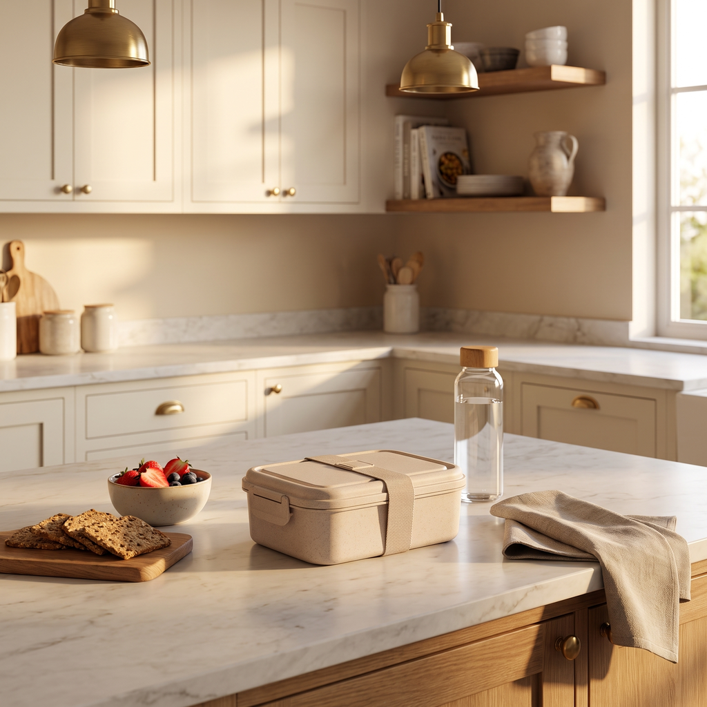 Beige two-compartment wheat straw lunch box on a marble counter with fruit and crackers at golden hour