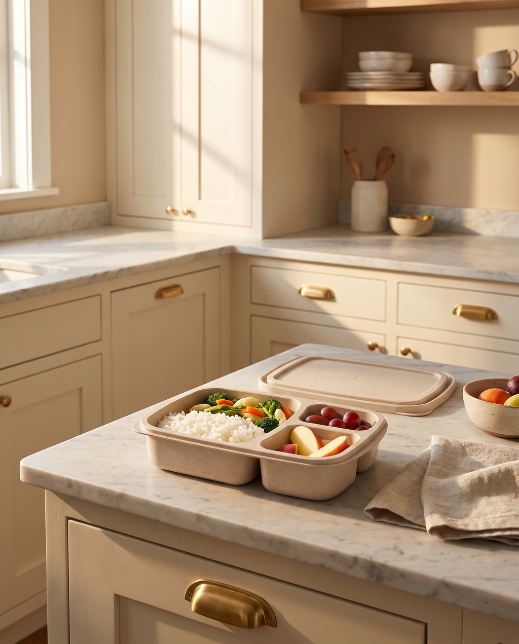 Open two-compartment lunch box with a simple packed lunch on a warm kitchen counter