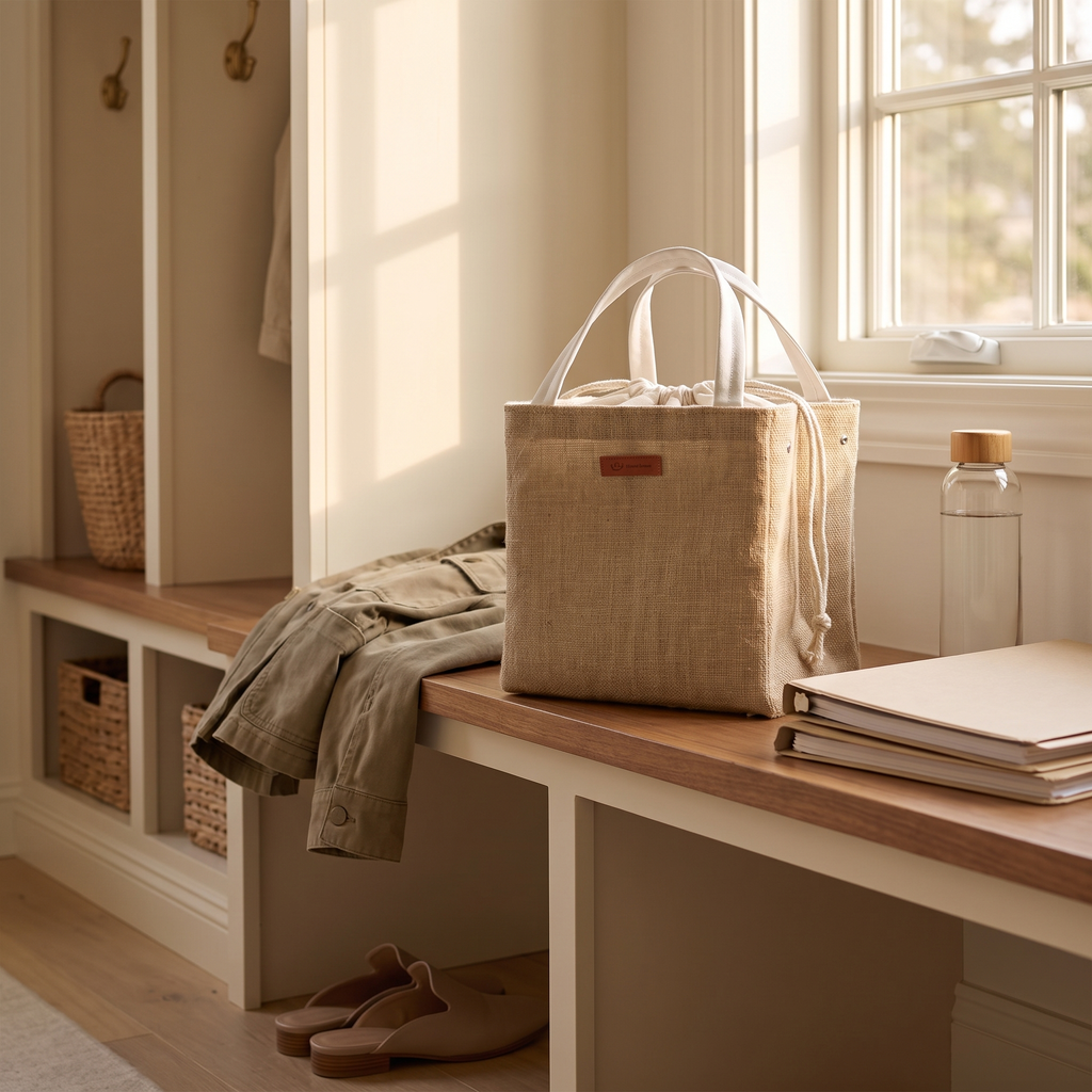 Khaki linen insulated lunch tote on a wood mudroom bench with brass hooks and woven baskets
