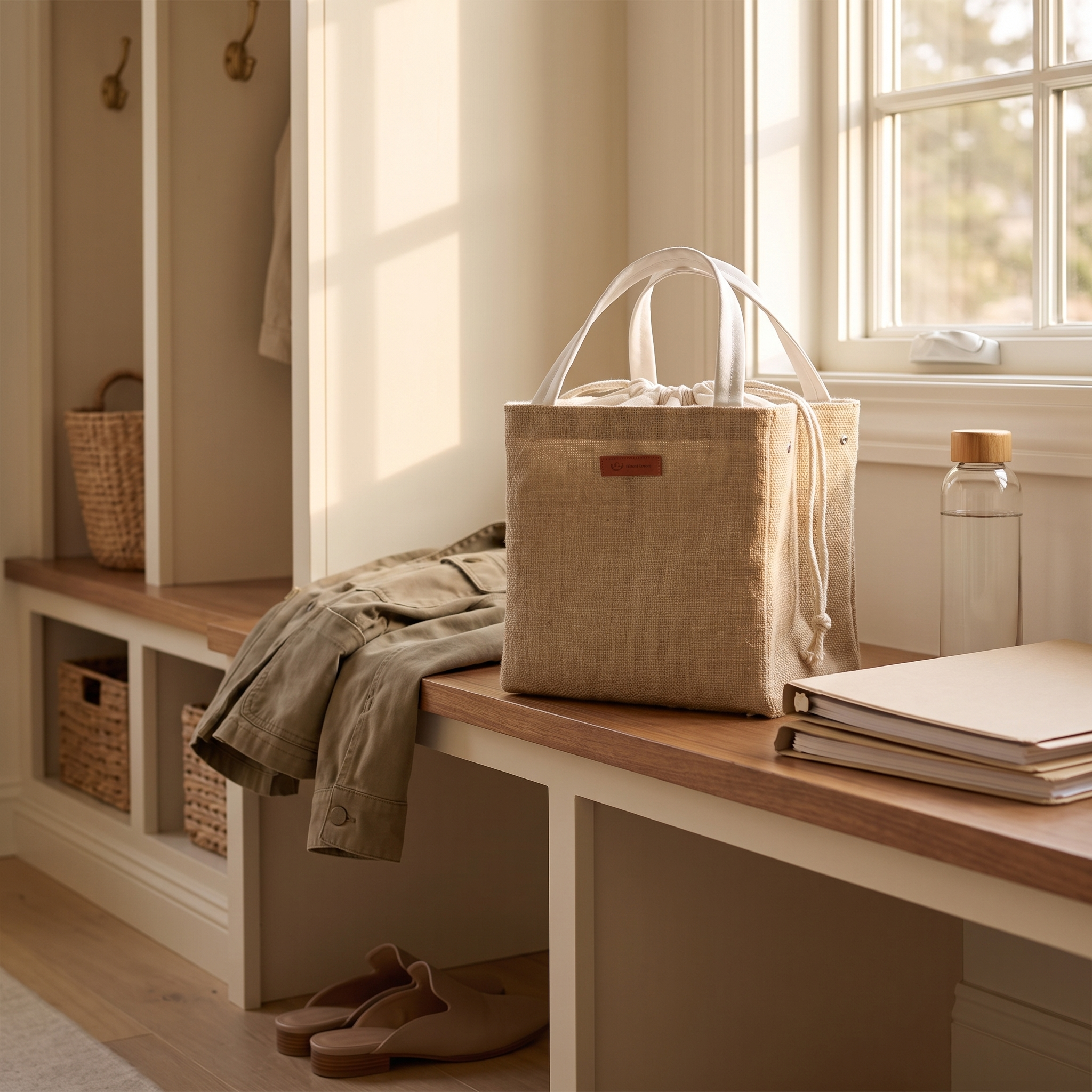Khaki linen insulated lunch tote on a wood mudroom bench with brass hooks and woven baskets