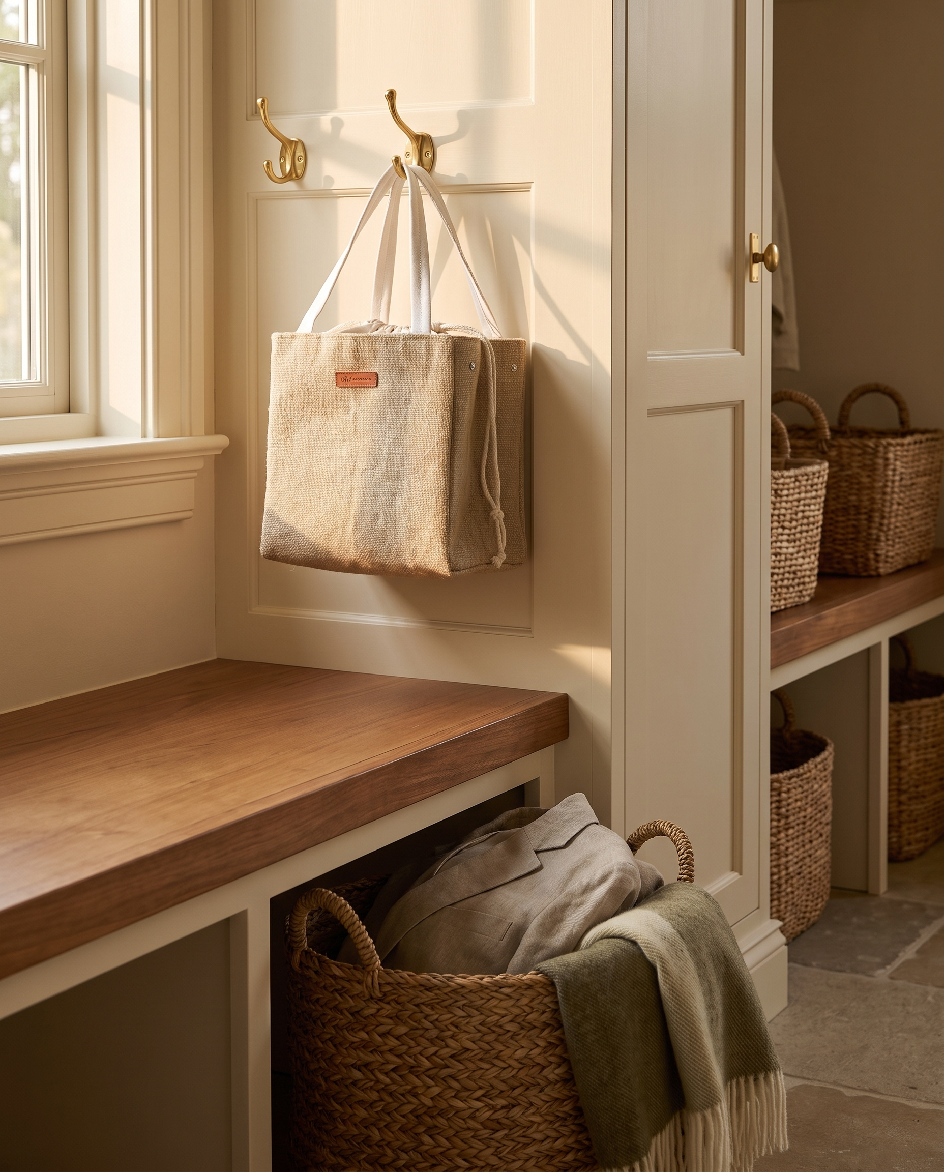 Linen lunch tote hanging from a brass hook above a mudroom bench at golden hour