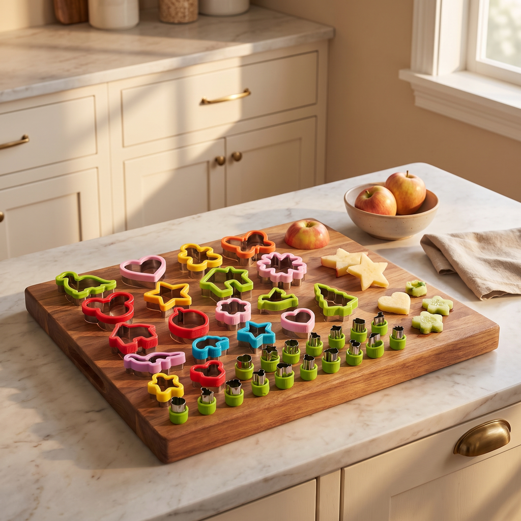 Lunchbox cutter kit with sandwich and fruit shape cutters and cut fruit shapes on a wood board