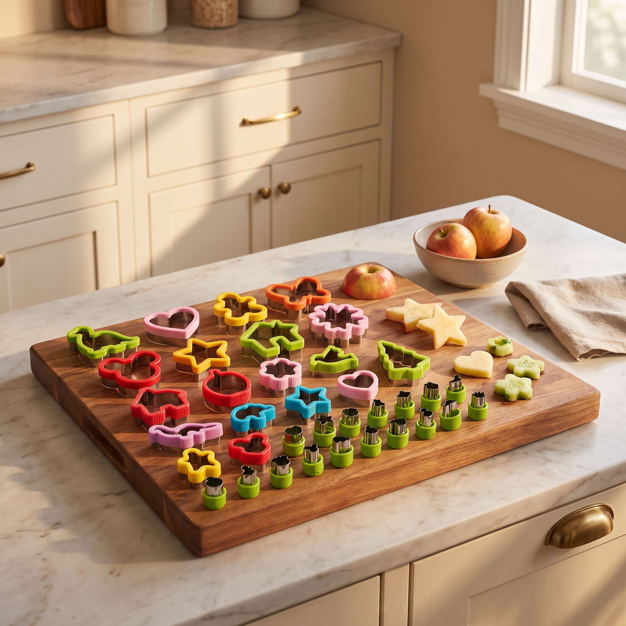Lunchbox cutter kit with sandwich and fruit shape cutters and cut fruit shapes on a wood board