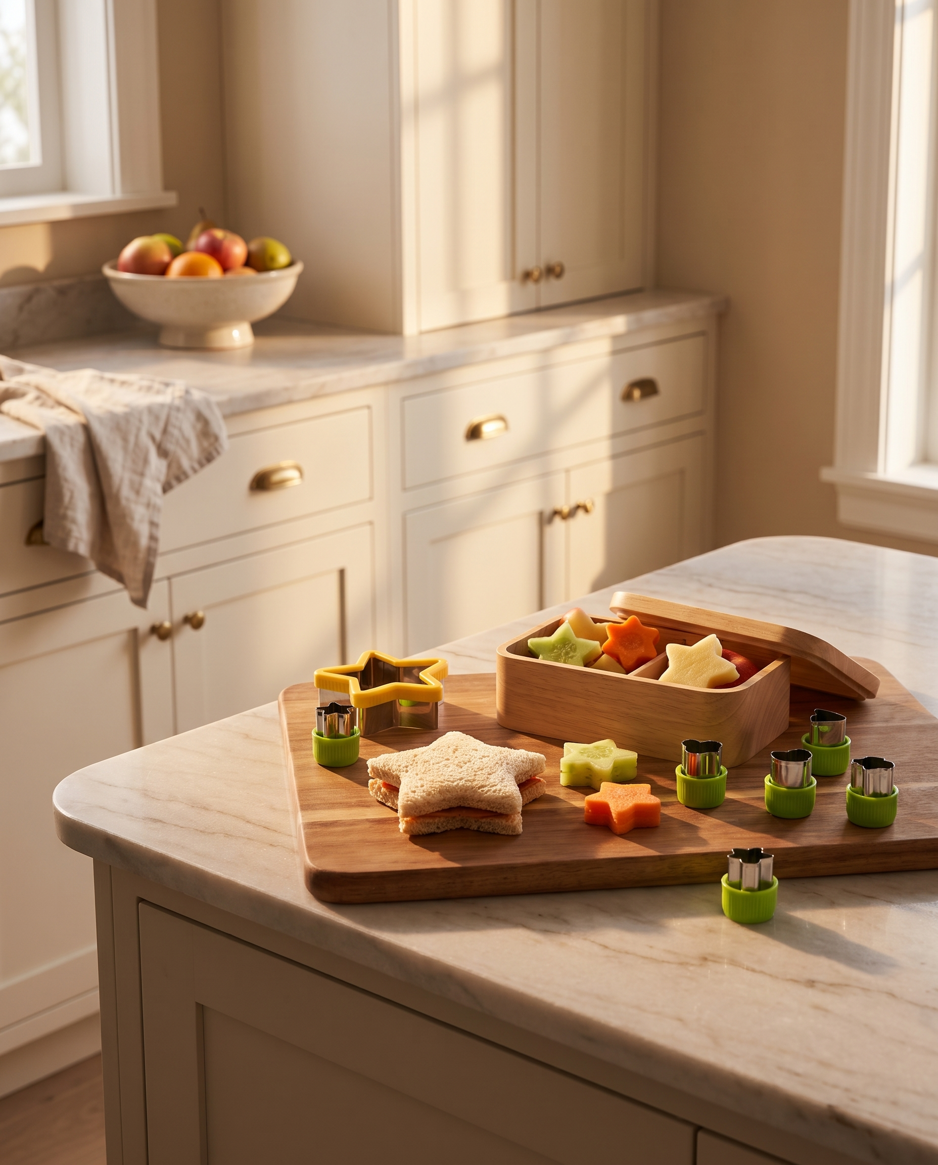 Star sandwich and shaped fruit pieces in a lunch setup with cutters on a wood board