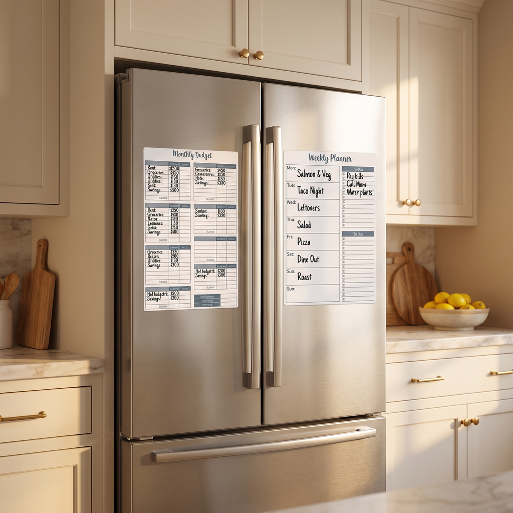Magnetic weekly planner and budget sheet on a stainless steel fridge in a warm neutral kitchen