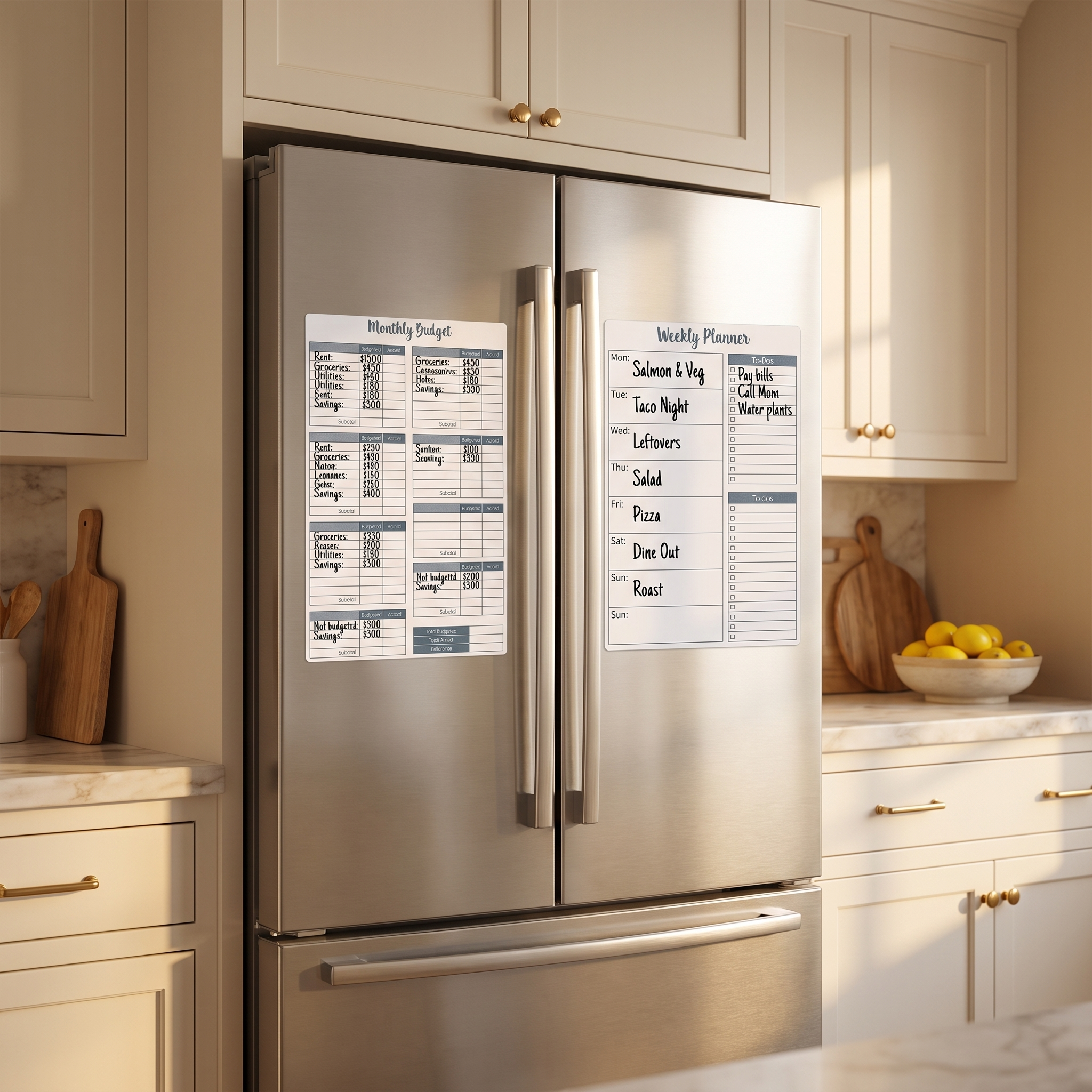 Magnetic weekly planner and budget sheet on a stainless steel fridge in a warm neutral kitchen