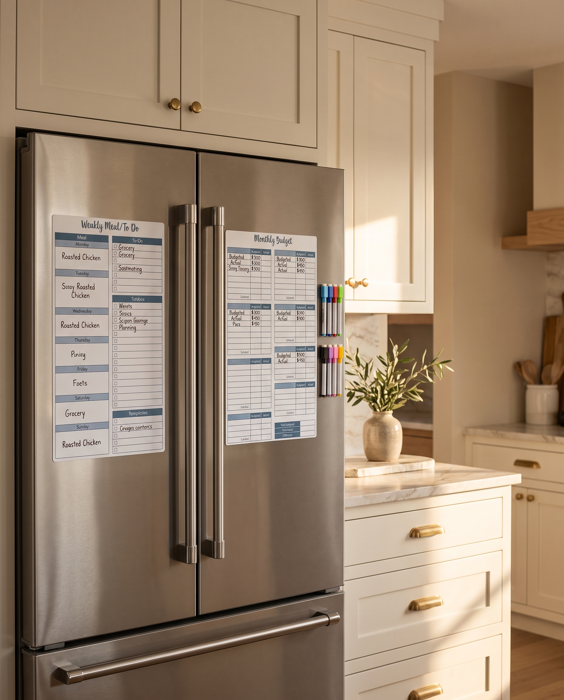 Magnetic fridge planner sheets shown in a wide warm kitchen scene with cream cabinetry