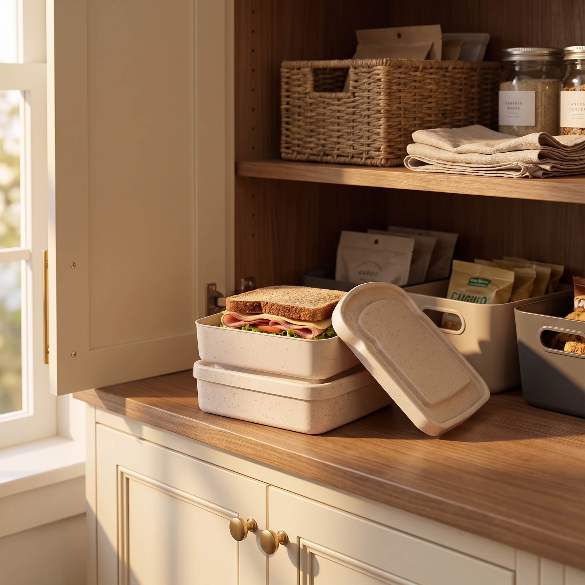 Beige stackable sandwich snack boxes on a styled pantry shelf, top box open with a sandwich inside