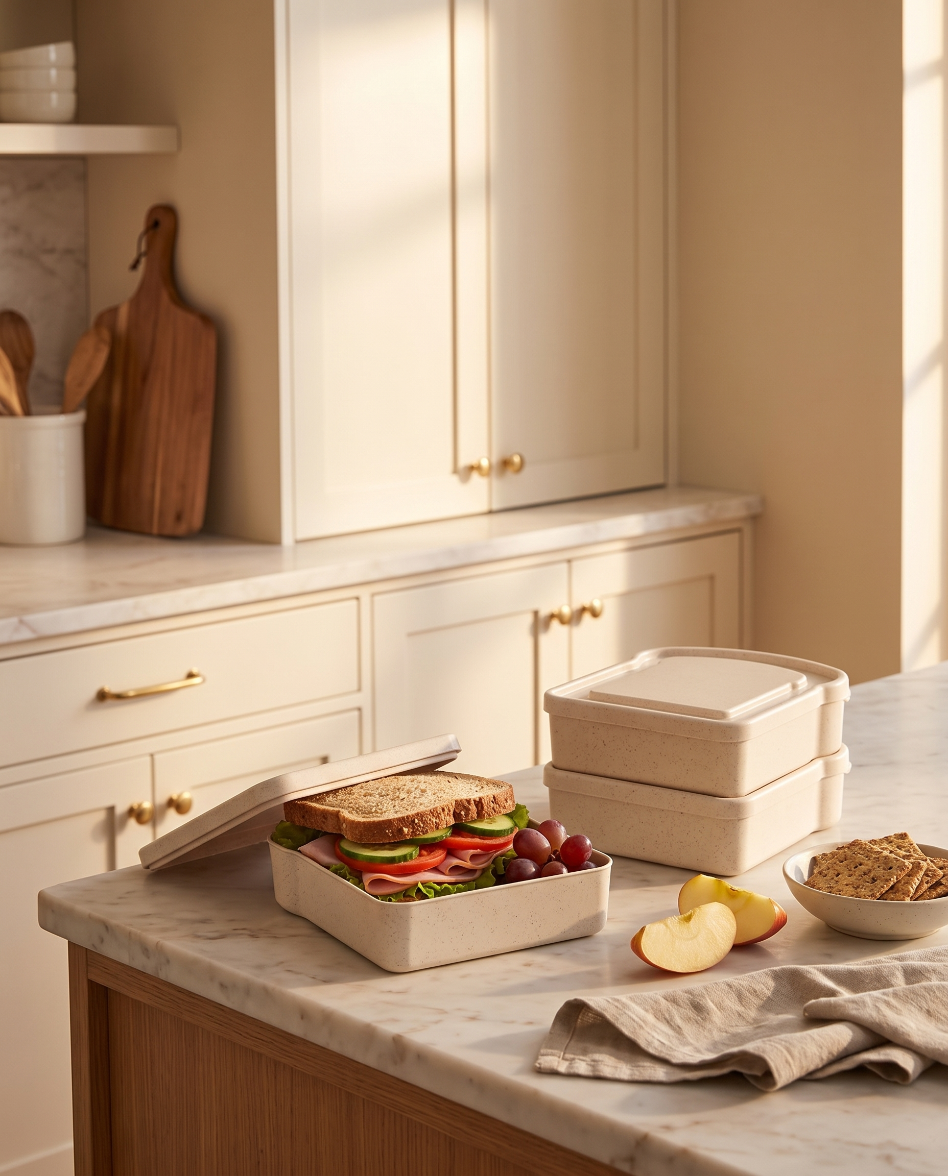 Open sandwich snack box with sandwich and grapes on a lunch prep counter
